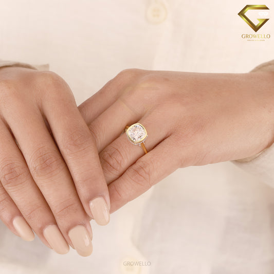 2CT Cushion Bezel Engagement Ring, Hidden Halo, Solid Gold, Lab Grown Diamond/Moissanite