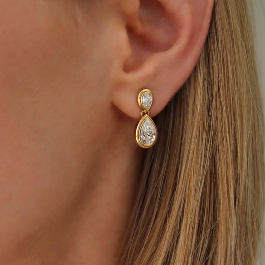 Pear Double Bezel Set Design Tear Drop Screw Back Earrings