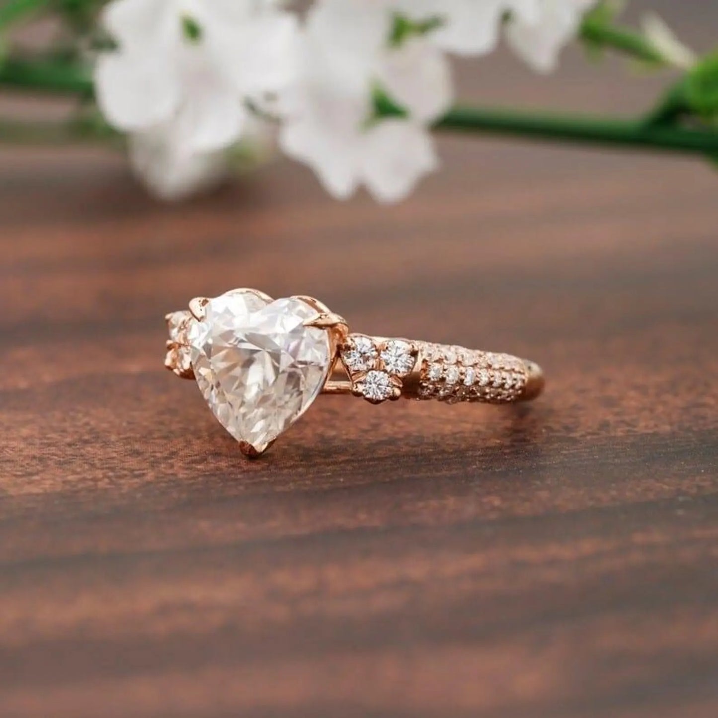 Heart Cut Three Stone Cluster Moissanite Engagement Ring, Moissanite Engagement Ring