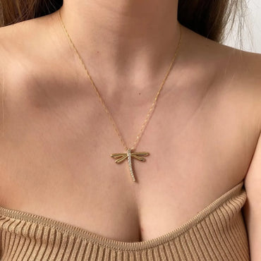 Dragonfly Pendant Necklace in 14K Gold – Moissanite or Lab-Grown Diamond | Dainty Nature-Inspired Insect Jewelry