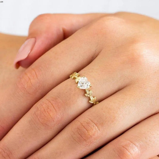 HeartHeart Cut Unique Gold Leaves Bridal Floral Moissanite Wedding Engagement Ring Cut Three Stone Cluster Moissanite Engagement Ring, Moissanite Engagement Ring (Copy)