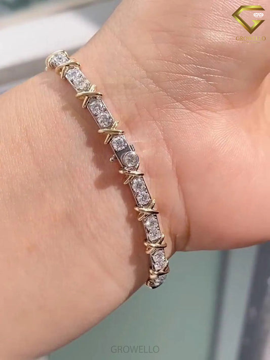 Round Diamond Link Bracelet, X Wrap Design, Solid Gold, Lab Grown or Moissanite