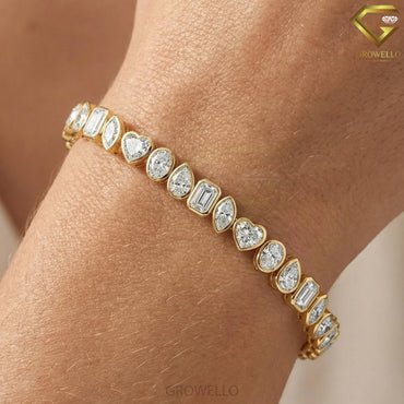 Mixed Shape Bezel Diamond Tennis Bracelet, Minimalist Solid Gold, Lab Grown or Moissanite