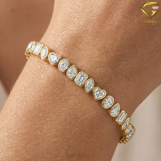 Mixed Shape Bezel Diamond Tennis Bracelet, Minimalist Solid Gold, Lab Grown Diamond or Moissanite