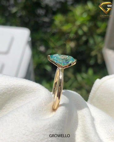 3CT Cyan Blue Pear Cut Solitaire Engagement Ring: Lab Grown Diamond/Moissanite, Solid Gold