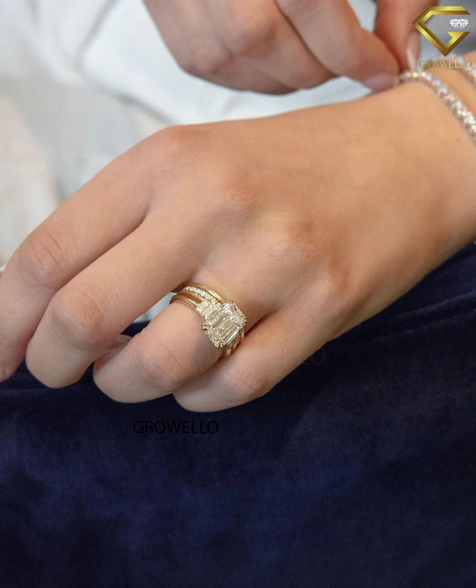 3CT Emerald Cut Engagement Ring, Tapered Baguette Shoulders, Solid Gold, Lab-Grown or Moissanite Diamond