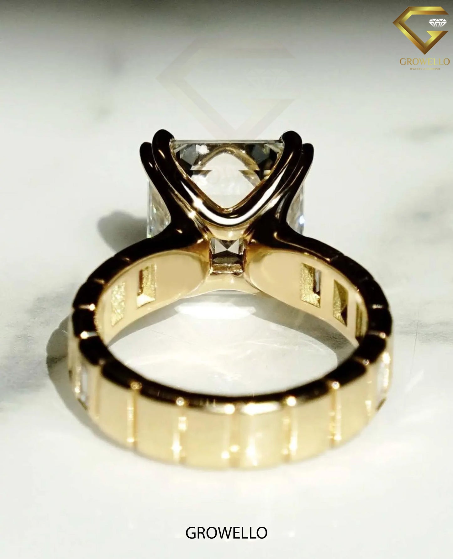 3CT Asscher Cut Engagement Ring, Art Deco Baguette Band, Solid Gold, Lab-Grown & Moissanite Diamond