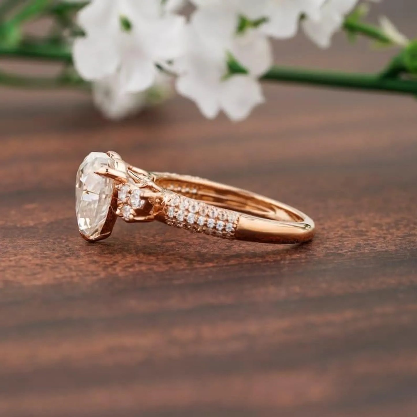 Heart Cut Three Stone Cluster Moissanite Engagement Ring, Moissanite Engagement Ring