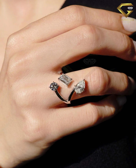 Three Stone Bypass Engagement Ring, Round-Emerald-Pear Diamond, Solid gold, Lab-Grown or Moissanite