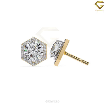 2CT Round Diamond Hexagon Halo Stud Earrings, Geometric Luxury Studs in Solid Gold, Lab Grown Diamond or Moissanite