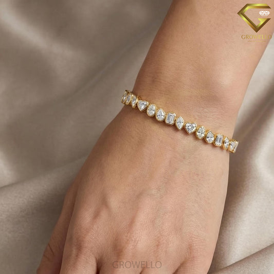 Mixed Shape Bezel Diamond Tennis Bracelet, Minimalist Solid Gold, Lab Grown or Moissanite