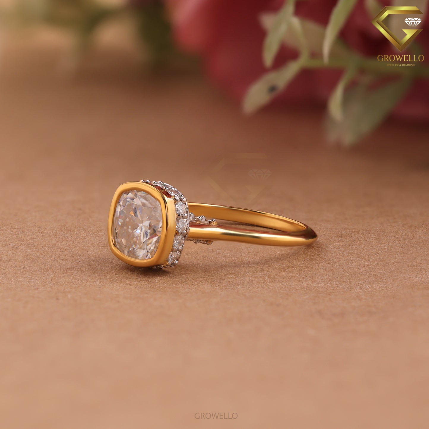 2CT Cushion Bezel Engagement Ring, Hidden Halo, Solid Gold, Lab Grown Diamond/Moissanite