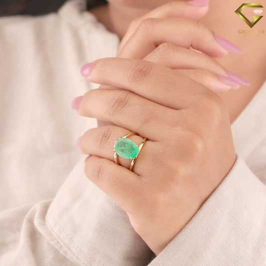 4CT Oval Emerald Panna Engagement Ring, Open Bypass Prong Design, Solid Gold, Natural Green Gemstone