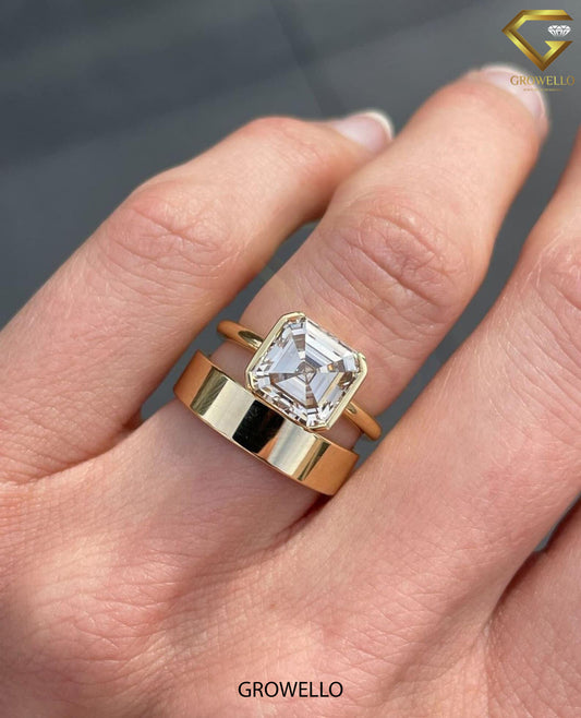 4CT Vintage Champagne Asscher Cut Engagement Ring, Half-Bezel, Lab Grown Diamond/Moissanite, Solid Gold