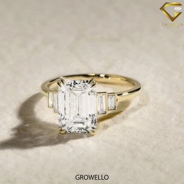 3CT Emerald Cut Engagement Ring, Tapered Baguette Shoulders, Solid Gold, Lab-Grown or Moissanite Diamond