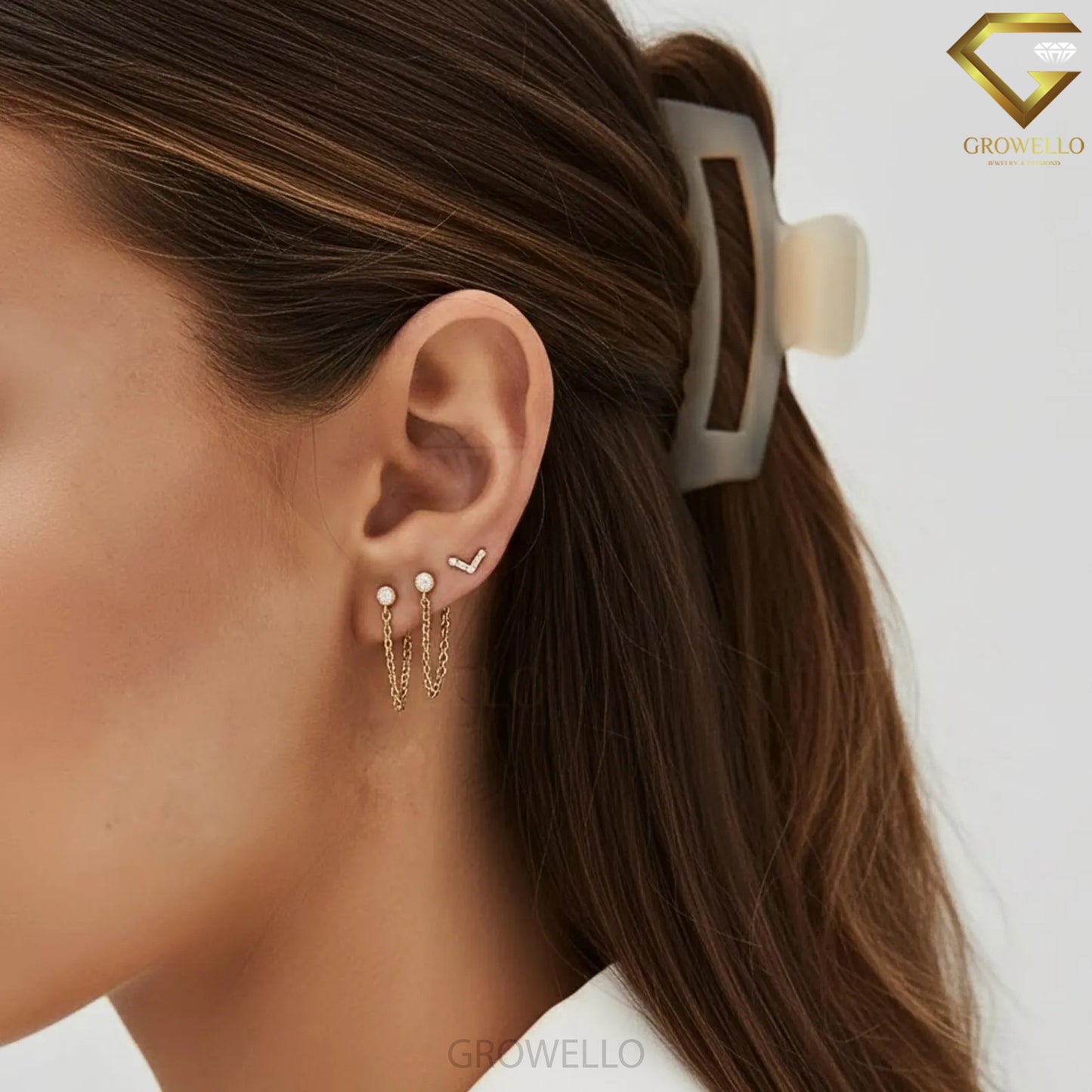 Round Bezel Diamond Chain Drop Earrings, Dainty Solid Gold Studs, Lab-Grown Diamond or Moissanite