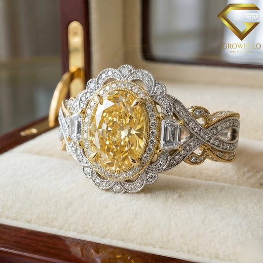 3 CT Yellow Oval Halo Engagement Ring, Vintage Crossover, IGI Lab Diamond or Moissanite