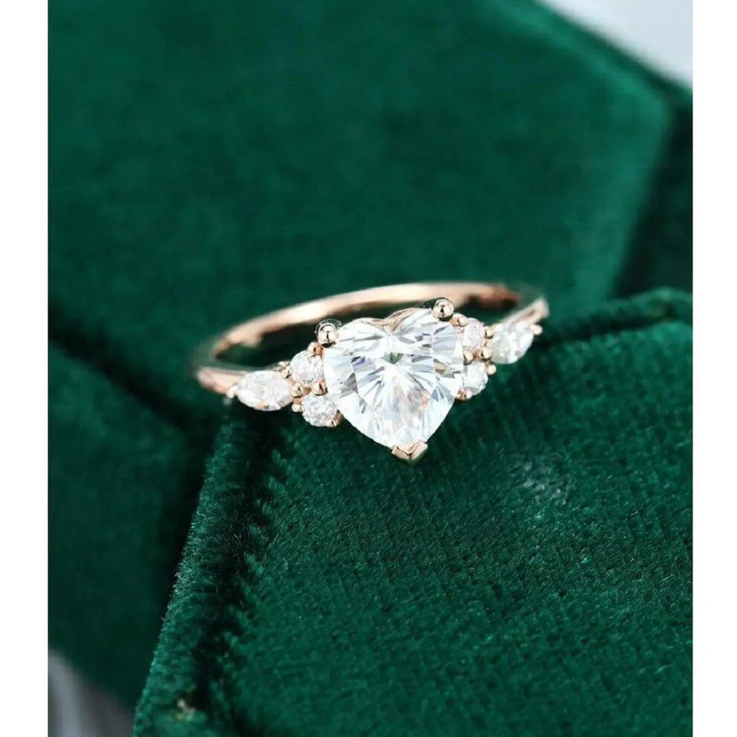 Heart Cut Marquise Accent Diamond Moissanite Engagement Ring