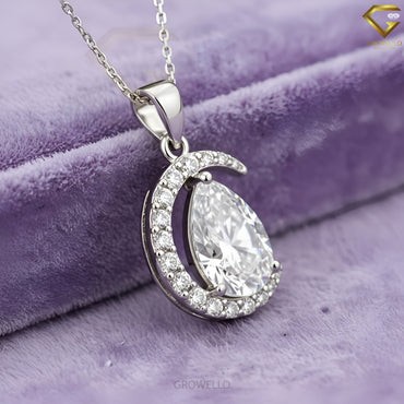 5CT Pear Cut Vintage Crescent Halo Pendant Necklace, Asymmetrical Wrap, Solid Gold, Lab-Grown Diamond or Moissanite