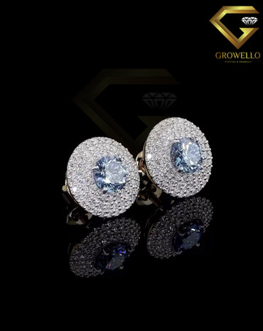 2CT Blue Round Halo Diamond Stud Earrings, Pave Cluster Disc, Solid Gold, IGI Lab Grown Diamond or Moissanite