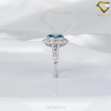 3CT Blue Oval Halo Engagement Ring, Marquise Floral Cluster, Split Pavé Band, Lab Diamond or Moissanite
