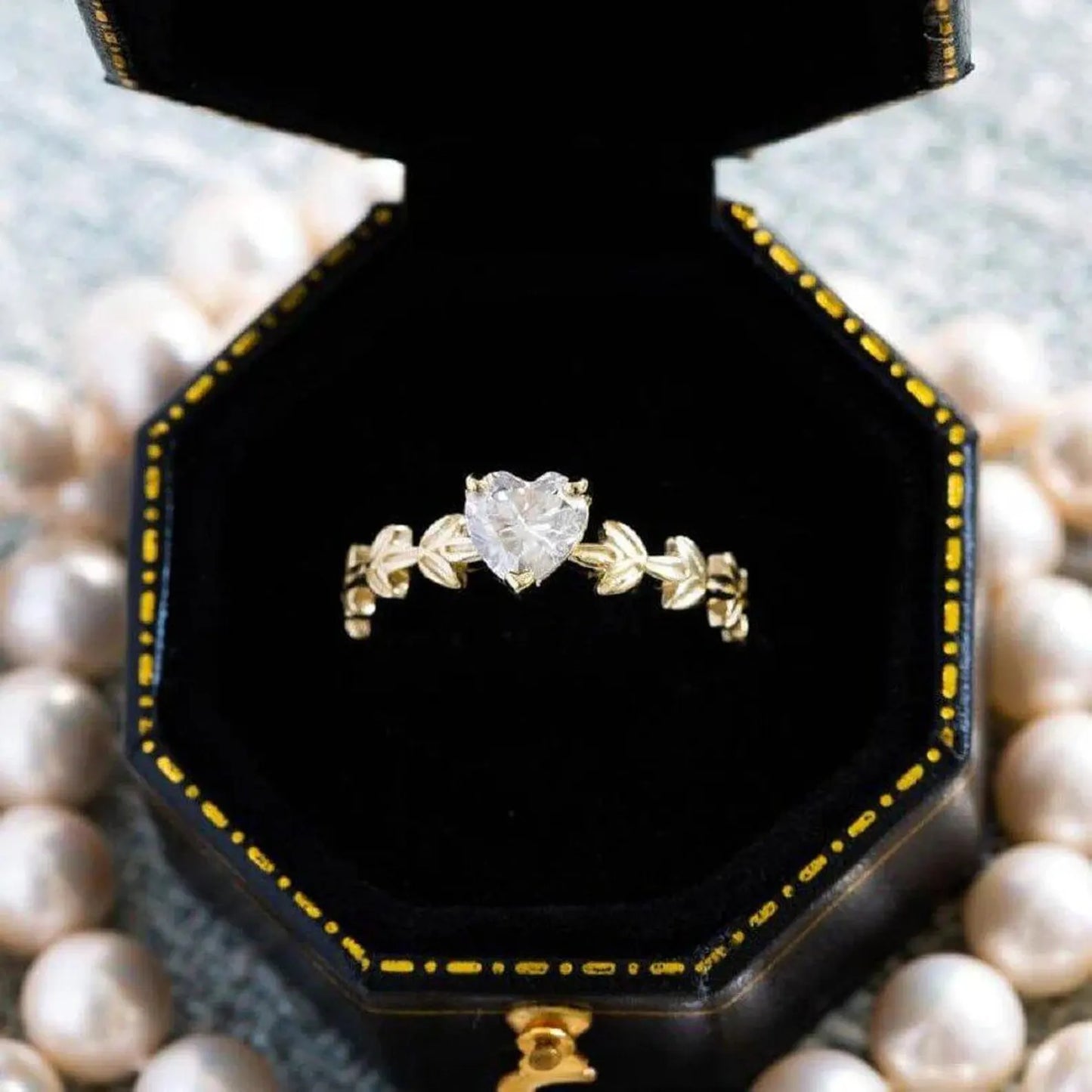 HeartHeart Cut Unique Gold Leaves Bridal Floral Moissanite Wedding Engagement Ring Cut Three Stone Cluster Moissanite Engagement Ring, Moissanite Engagement Ring (Copy)