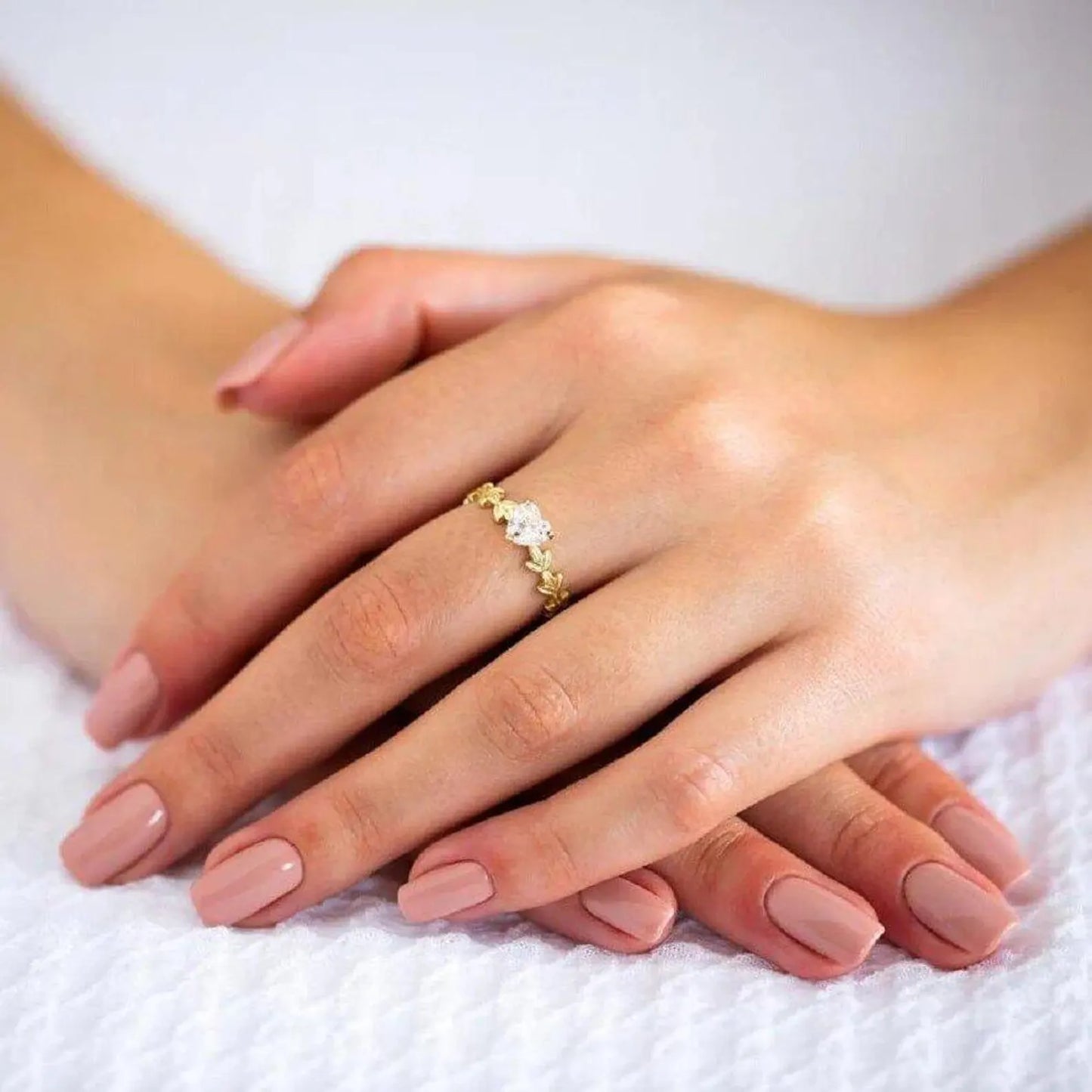 HeartHeart Cut Unique Gold Leaves Bridal Floral Moissanite Wedding Engagement Ring Cut Three Stone Cluster Moissanite Engagement Ring, Moissanite Engagement Ring (Copy)
