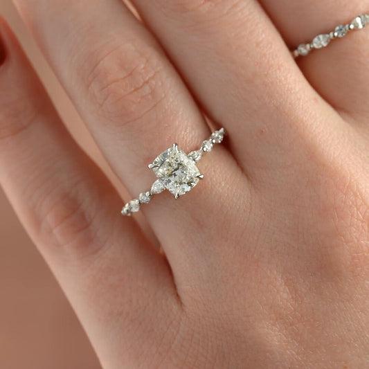 2.5 CT Elongated Cushion Moissanite Ring Marquise and Round Diamond Pave Set Lab Grown Diamond Ring Cushion Engagement Ring 14K Gold Ring.