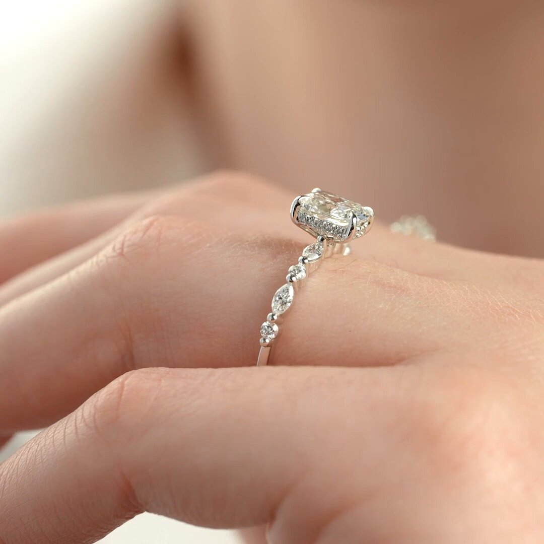 2.5 CT Elongated Cushion Moissanite Ring Marquise and Round Diamond Pave Set Lab Grown Diamond Ring Cushion Engagement Ring 14K Gold Ring.
