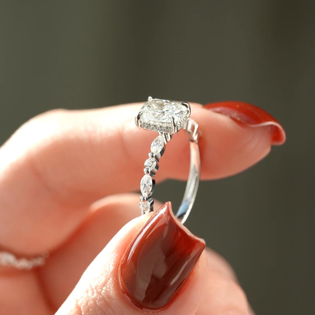 2.5 CT Elongated Cushion Moissanite Ring Marquise and Round Diamond Pave Set Lab Grown Diamond Ring Cushion Engagement Ring 14K Gold Ring.