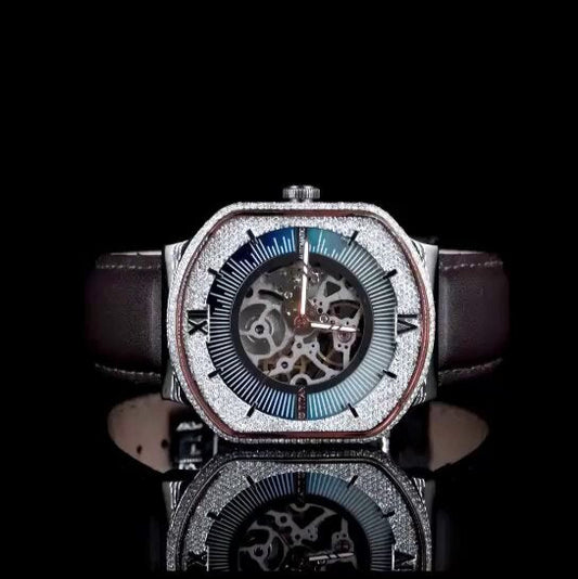 "Luxury Skeleton Dial Watch – Diamond Bezel | Roman Numeral Iced-Out Mechanical Watch for Men"