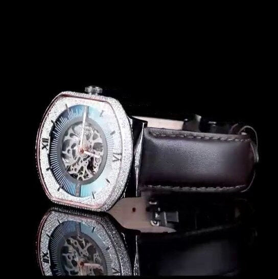 "Luxury Skeleton Dial Watch – Diamond Bezel | Roman Numeral Iced-Out Mechanical Watch for Men"