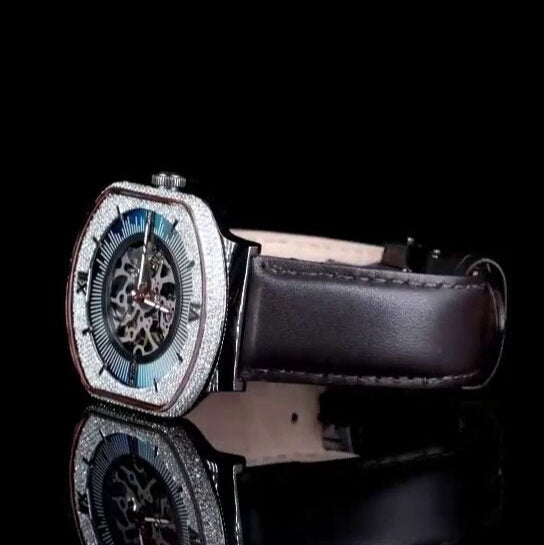 "Luxury Skeleton Dial Watch – Diamond Bezel | Roman Numeral Iced-Out Mechanical Watch for Men"
