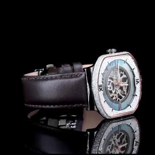 "Luxury Skeleton Dial Watch – Diamond Bezel | Roman Numeral Iced-Out Mechanical Watch for Men"