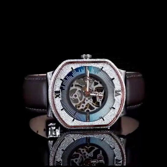 "Luxury Skeleton Dial Watch – Diamond Bezel | Roman Numeral Iced-Out Mechanical Watch for Men"