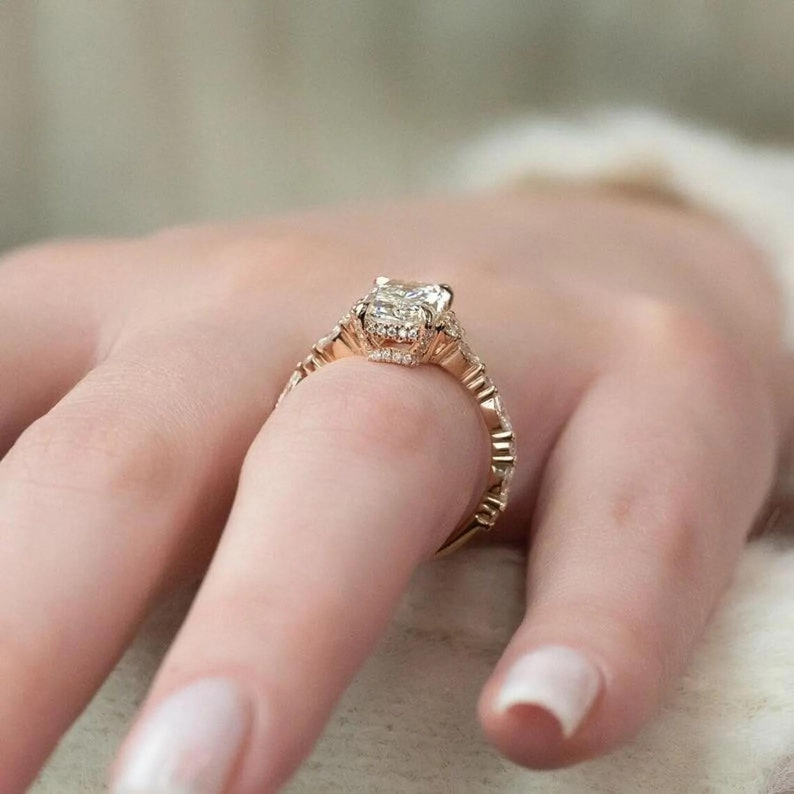 2 CT Radiant Cut Moissanite Engagement Ring, 14K Solid Gold Wedding Ring, Lab Grown Diamond Ring, Double Hidden Halo Vintage Ring For Women