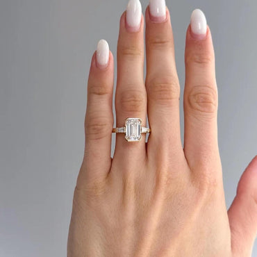 4 CT Emerald Cut Three Stone Moissanite Ring Half Bezel Set Emerald Cut Ring Side Baguette Cut Lab Grown Diamond Anniversary Gift Ring.