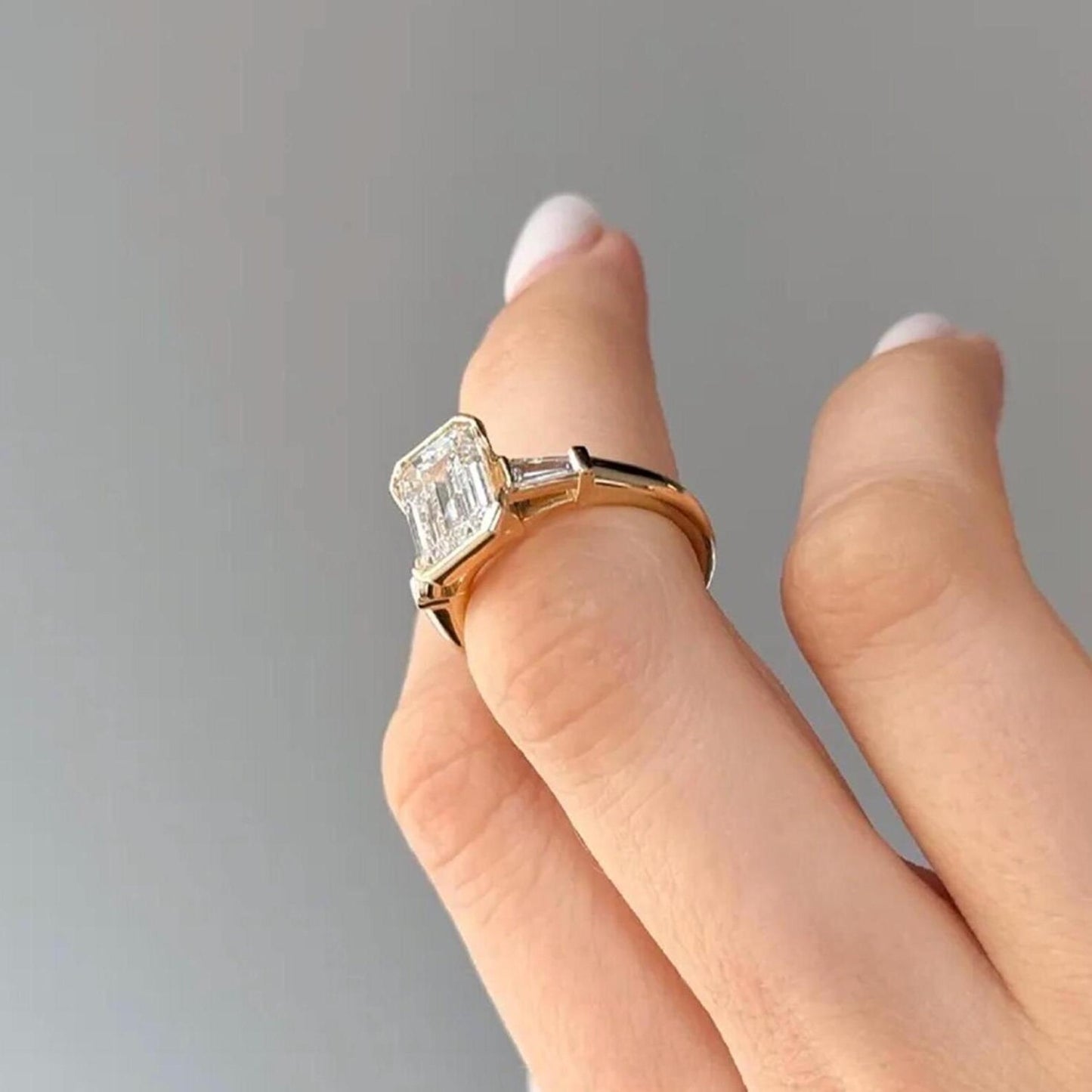 4 CT Emerald Cut Three Stone Moissanite Ring Half Bezel Set Emerald Cut Ring Side Baguette Cut Lab Grown Diamond Anniversary Gift Ring.