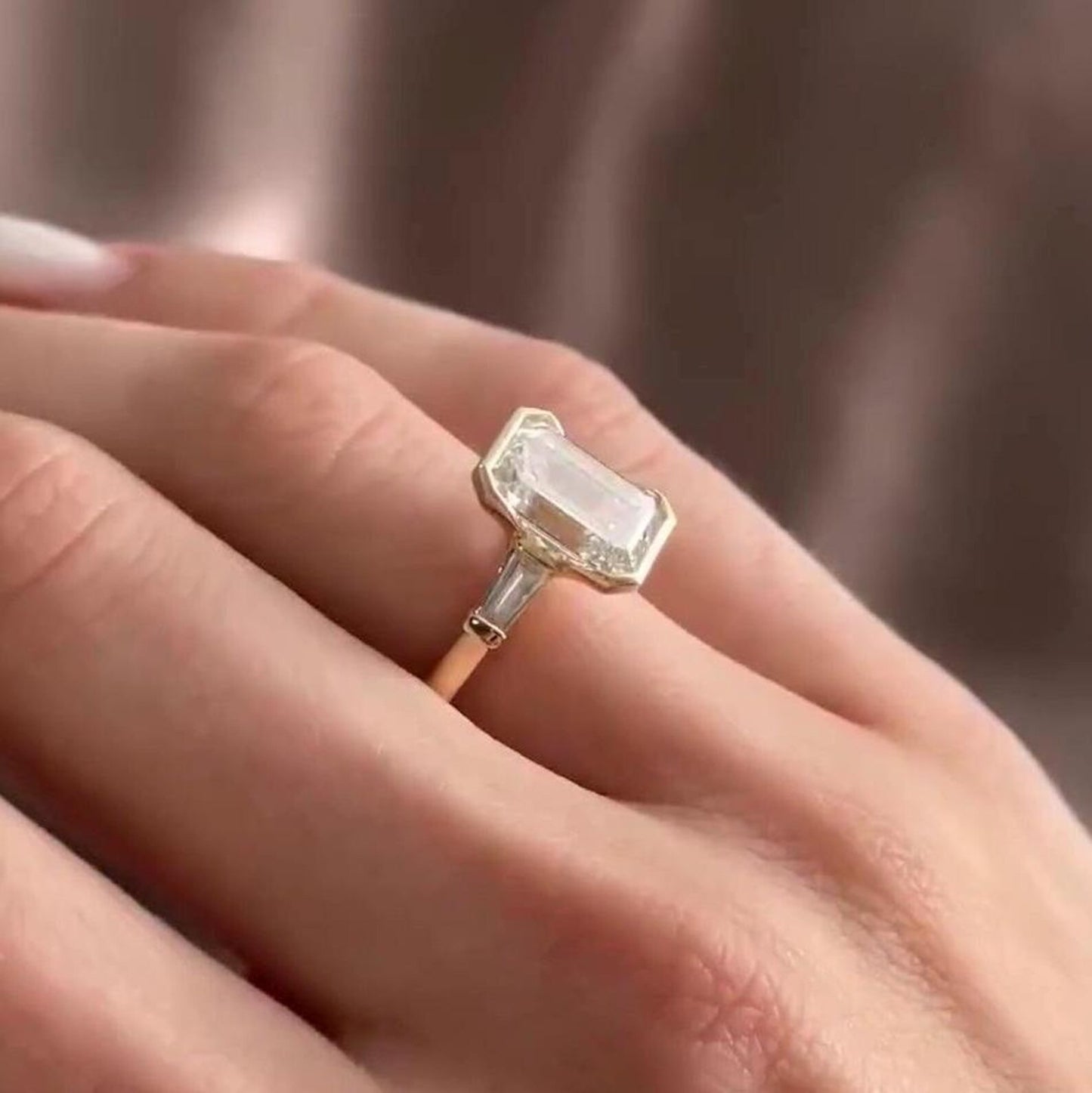 4 CT Emerald Cut Three Stone Moissanite Ring Half Bezel Set Emerald Cut Ring Side Baguette Cut Lab Grown Diamond Anniversary Gift Ring.