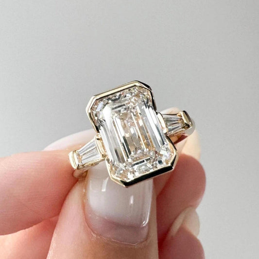 4 CT Emerald Cut Three Stone Moissanite Ring Half Bezel Set Emerald Cut Ring Side Baguette Cut Lab Grown Diamond Anniversary Gift Ring.