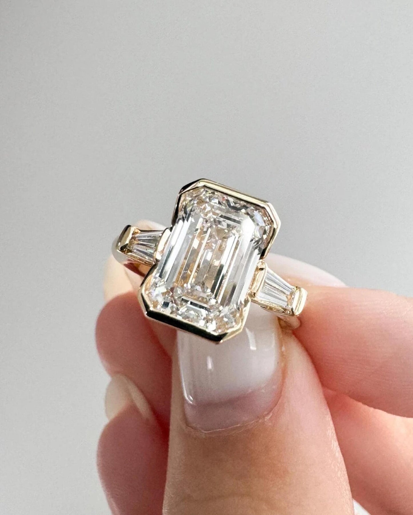 4 CT Emerald Cut Three Stone Moissanite Ring Half Bezel Set Emerald Cut Ring Side Baguette Cut Lab Grown Diamond Anniversary Gift Ring.