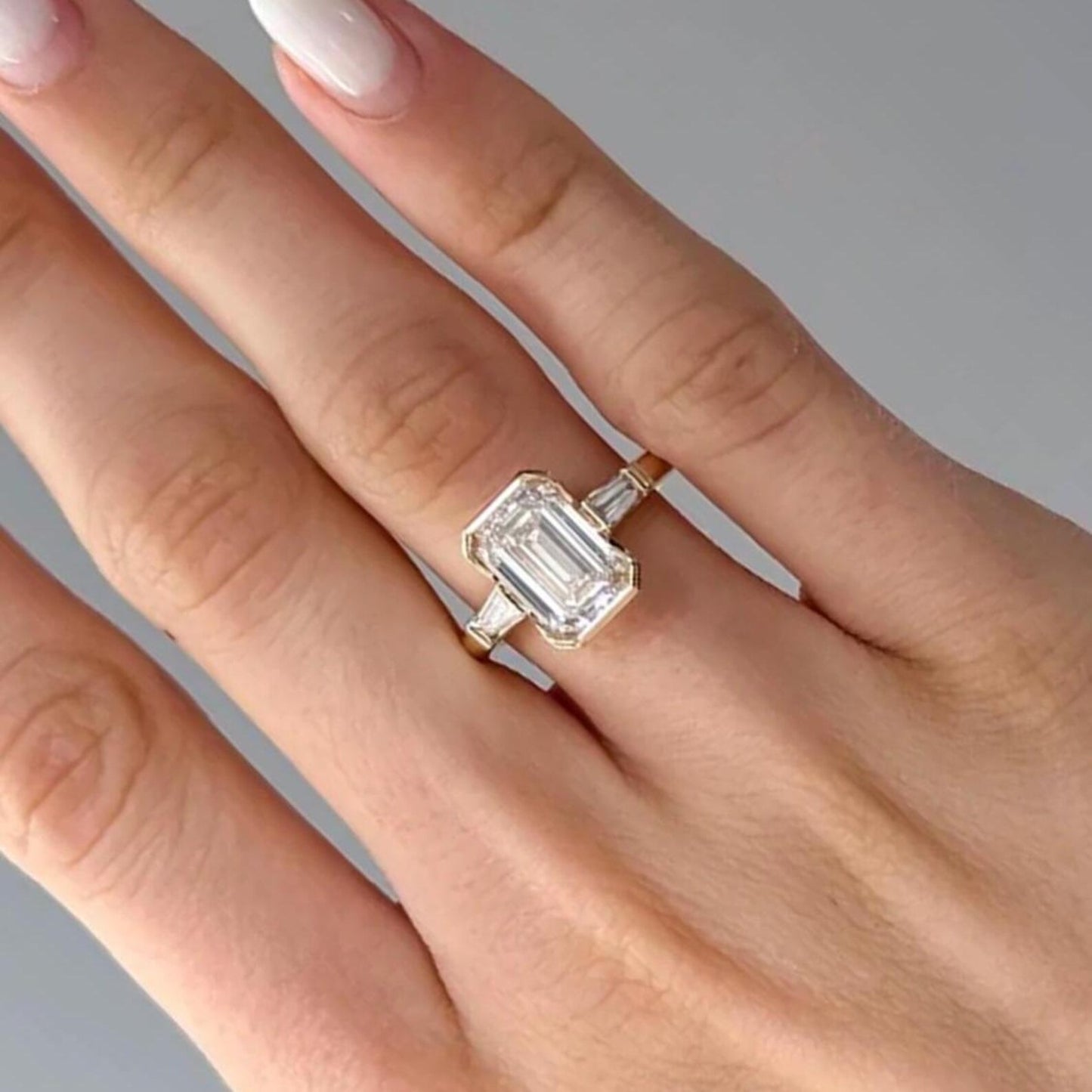 4 CT Emerald Cut Three Stone Moissanite Ring Half Bezel Set Emerald Cut Ring Side Baguette Cut Lab Grown Diamond Anniversary Gift Ring.