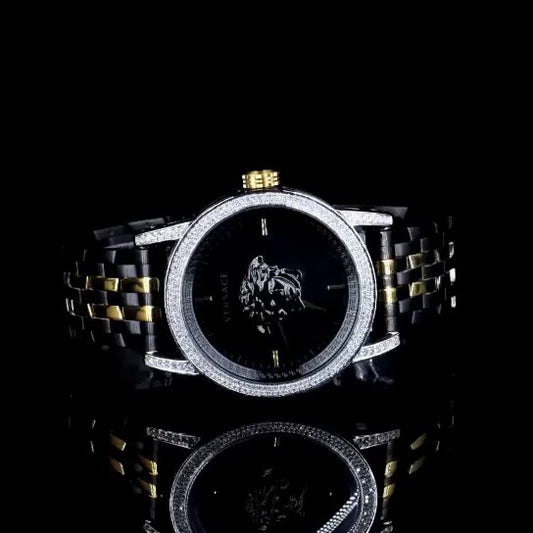 Luxury Two-Tone Lion Dial Watch – Diamond Bezel | Versace Style Men's Wristwatch