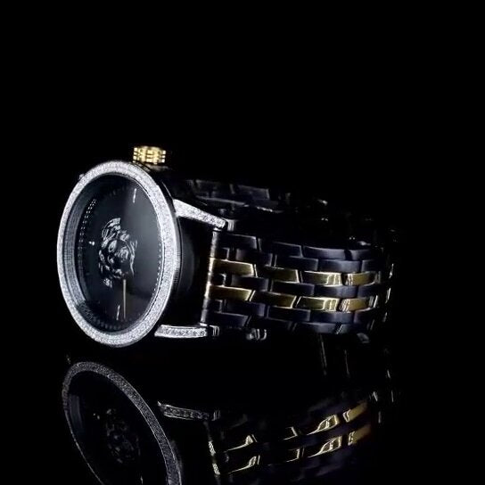 Luxury Two-Tone Lion Dial Watch – Diamond Bezel | Versace Style Men's Wristwatch