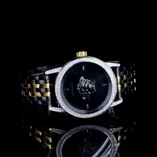 Luxury Two-Tone Lion Dial Watch – Diamond Bezel | Versace Style Men's Wristwatch