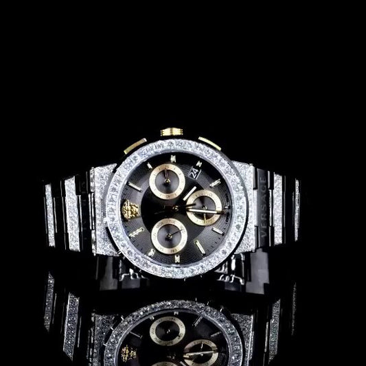 Luxury Chronograph Iced-Out Watch – Black & Gold Dial | Diamond Bezel Versace Style Men's Watch