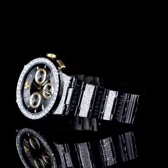 Luxury Chronograph Iced-Out Watch – Black & Gold Dial | Diamond Bezel Versace Style Men's Watch