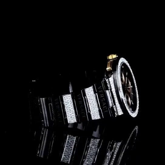 Luxury Chronograph Iced-Out Watch – Black & Gold Dial | Diamond Bezel Versace Style Men's Watch