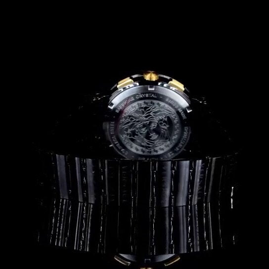 Luxury Chronograph Iced-Out Watch – Black & Gold Dial | Diamond Bezel Versace Style Men's Watch