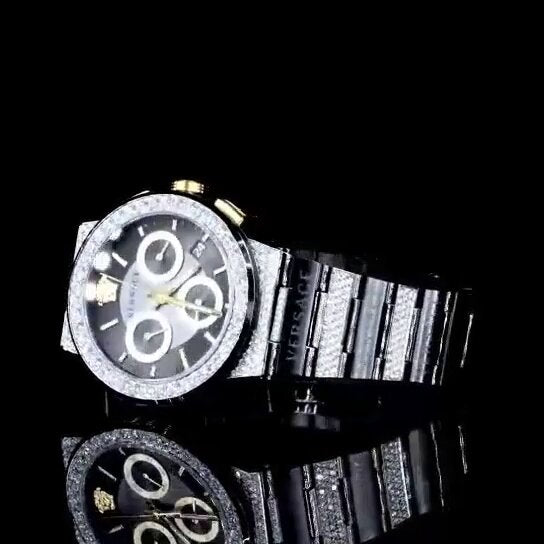 Luxury Chronograph Iced-Out Watch – Black & Gold Dial | Diamond Bezel Versace Style Men's Watch